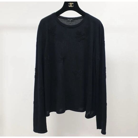 CHANEL 18A Black Cashmere Knit Leaf Embroidered Semi-Sheer Sweater Sz.40
